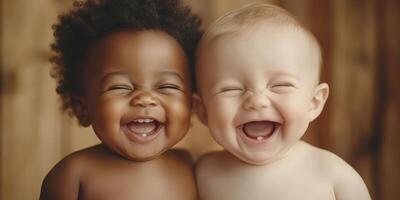 Two joyful babies share a moment of laughter while posing close together against a wooden backdrop photo