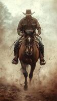 Rider in dusty field displays skillful horsemanship during late afternoon sunlight photo