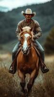Rider in cowboy attire gallops on a chestnut horse across a lush meadow at sunset in the countryside photo