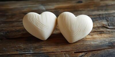 Two intricately carved wooden heart shapes resting on a rustic wooden surface photo