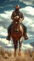 Horseback rider in rugged terrain under dramatic clouds during daylight photo