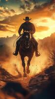 Cowboy riding a horse at sunset in a desert landscape with dust and dramatic clouds photo