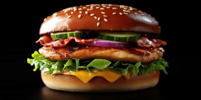 Delicious gourmet burger with grilled chicken, bacon, fresh vegetables, and melted cheese on a sesame seed bun photo