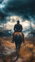 Rider journeys through a rain-soaked abandoned town, evoking a sense of mystery and adventure in a desolate landscape photo