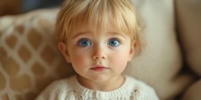Bright-eyed child with blonde hair looking curiously at the camera while sitting on a cozy couch indoors photo