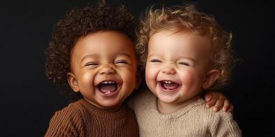 Two cheerful toddlers share a joyful moment, embracing each other with bright smiles against a dark background photo