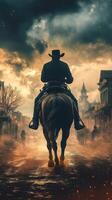 Cowboy rides through dusty old town as storm clouds gather at dusk under a dramatic sky photo