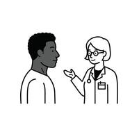 A black and white drawing of a doctor talking to a patient vector