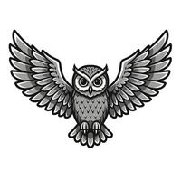 An owl with wings spread out in black and white vector