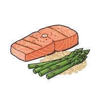 A piece of salmon and asparagus on a white background vector