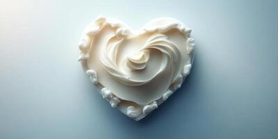 Creamy heart-shaped dessert topping crafted with a swirl design displayed on a soft blue background photo