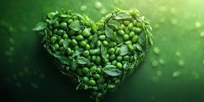 Green heart made of leaves and olives symbolizes nature's abundance and freshness in a sustainable lifestyle photo