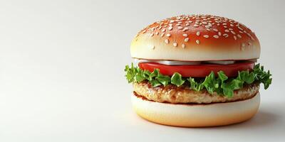 Juicy hamburger with lettuce, tomato, and mayonnaise displayed on a plain background photo
