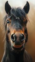 Close-up of a black horse with a gentle face and expressive eyes in a soft, blurred background during daylight hours photo