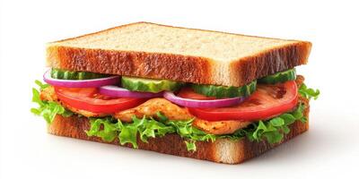 Fresh sandwich stacked with grilled chicken, lettuce, tomatoes, onions, and pickles on whole grain bread photo