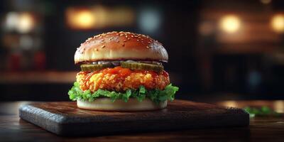 Delicious fried chicken burger with pickles and lettuce on a wooden board in a cozy restaurant setting at night photo