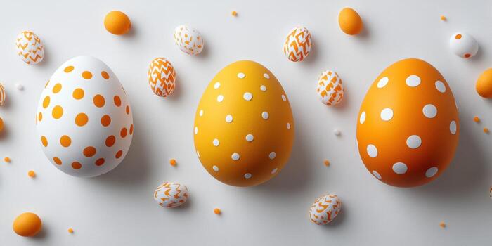 Colorful Easter eggs in yellow and white displayed on a light background for spring decoration photo