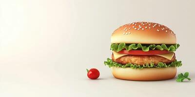 Delicious burger with fresh ingredients on a simple background showcasing culinary appeal and tempting flavors photo