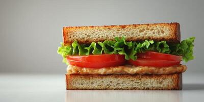 Delicious sandwich with chicken, fresh lettuce, and ripe tomatoes creating a tempting meal option for lunch photo