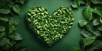 Heart-shaped arrangement of fresh green vegetables and leaves on a textured surface in a vibrant display of healthy eating photo