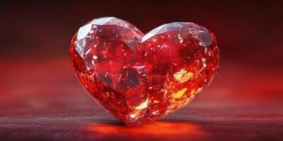Glistening red heart-shaped gemstone resting on a textured surface illuminated by soft warm light photo