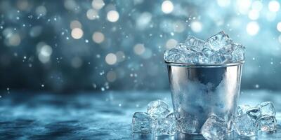 Ice bucket filled with ice cubes in a cool, glimmering setting photo