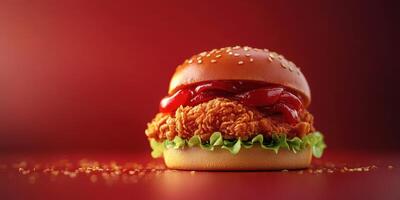 Crispy chicken burger topped with ketchup and fresh lettuce served on a sesame seed bun against a red background photo