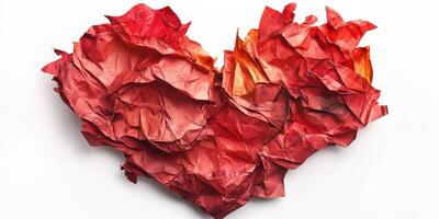 Crumpled red paper heart symbolizes love and passion crafted with vibrant colors and textures photo