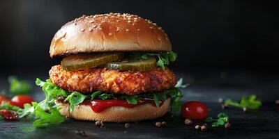 Crispy chicken sandwich with pickles and lettuce served on a sesame seed bun photo