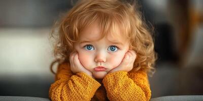 Young child with curly hair resting chin on hands, displaying a thoughtful expression in a cozy indoor setting during daylight photo