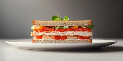 Delicious turkey sandwich with fresh vegetables presented on a white plate in a minimalist setting photo