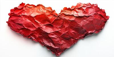 Red heart made of crumpled paper to symbolize love and creativity in an art project setting photo