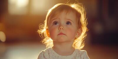 Cute toddler with curly hair gazes thoughtfully during golden hour indoors photo