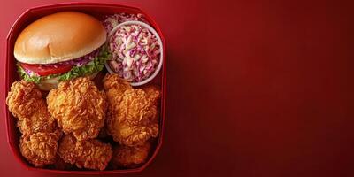Delicious fried chicken meal served with coleslaw and sandwich on a vibrant red background photo