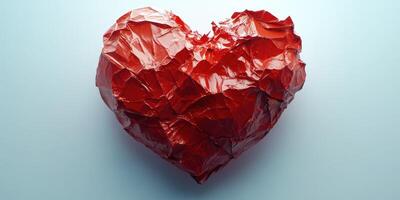 Bright red crumpled heart decoration on a smooth background showcasing love and creativity in design photo