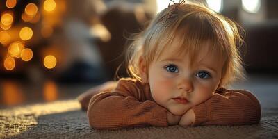 Cute baby looking curiously at the camera while lying on a soft surface at home during a warm, cozy moment photo