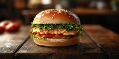 Mouthwatering crispy chicken sandwich with fresh lettuce and tomato on a rustic wooden table photo