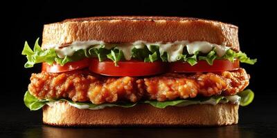Crunchy chicken sandwich with fresh lettuce and tomatoes on toasted bread against a dark background photo