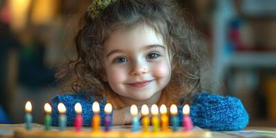 Young girl smiles while celebrating birthday with colorful candles on cake during joyful indoor gathering photo