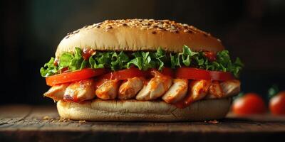 Delicious grilled chicken sandwich garnished with fresh lettuce and tomatoes on a wooden table photo