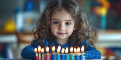 Child celebrating a birthday with colorful candles on a cake in a cheerful indoor setting photo