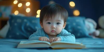 Baby reading a book on a cozy bed with soft lighting in a peaceful room at night photo