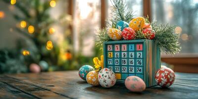 Colorful Easter decorations with an advent calendar and painted eggs displayed on a wooden table photo