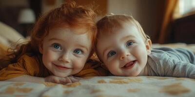 Joyful moments shared between two toddlers in a cozy home setting during the afternoon light photo
