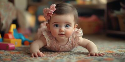 Baby girl exploring her colorful playroom while crawling on a soft carpet during the afternoon sunlight photo