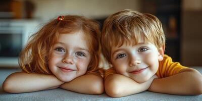 Smiling children posing together indoors in warm, cozy light during the afternoon photo