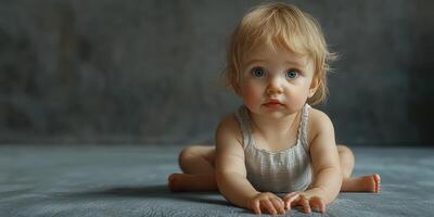 Cute baby with blue eyes crawling on a soft surface in a serene indoor setting photo