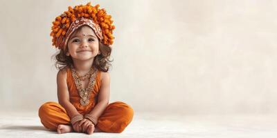 Little girl in traditional attire with floral crown smiles warmly in a serene indoor setting during a festive celebration photo