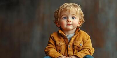 Young child with blonde hair wearing an orange jacket looking thoughtfully at the camera in a cozy indoor setting photo