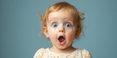 Surprised baby with wide eyes expressing wonder against a soft blue background photo